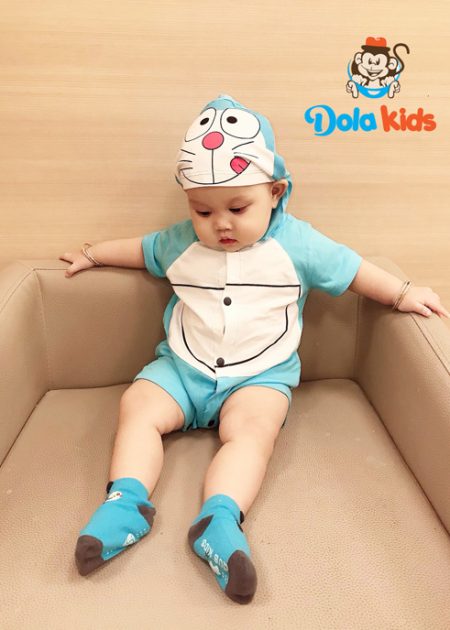 Quần áo trẻ em hình Doremon ngắn tay mũ liền cho trẻ 4-15kg